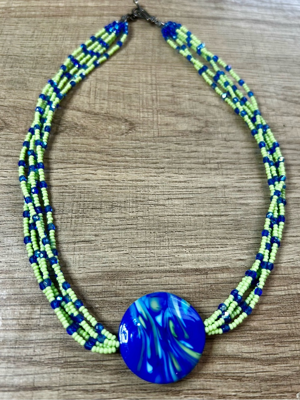 Blue and Lime Murano Glass Beaded Disc and seed bead Necklace Handmade